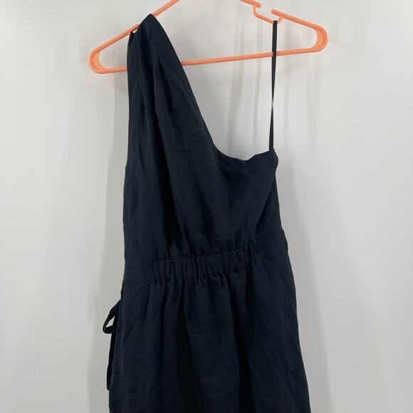 NEW ANTHROPOLOGIE Dress Size 10 NWOT One Shoulder 100% Linen Black Faux Wrap - Picture 9 of 16